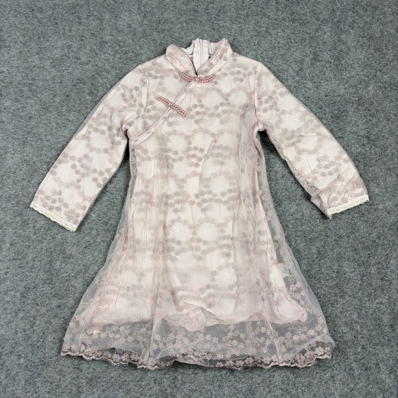 Unbranded Other - Unbranded Cheongsam Qipao Dress Girls Pink Lace Sheer Floral Frog Closure 100